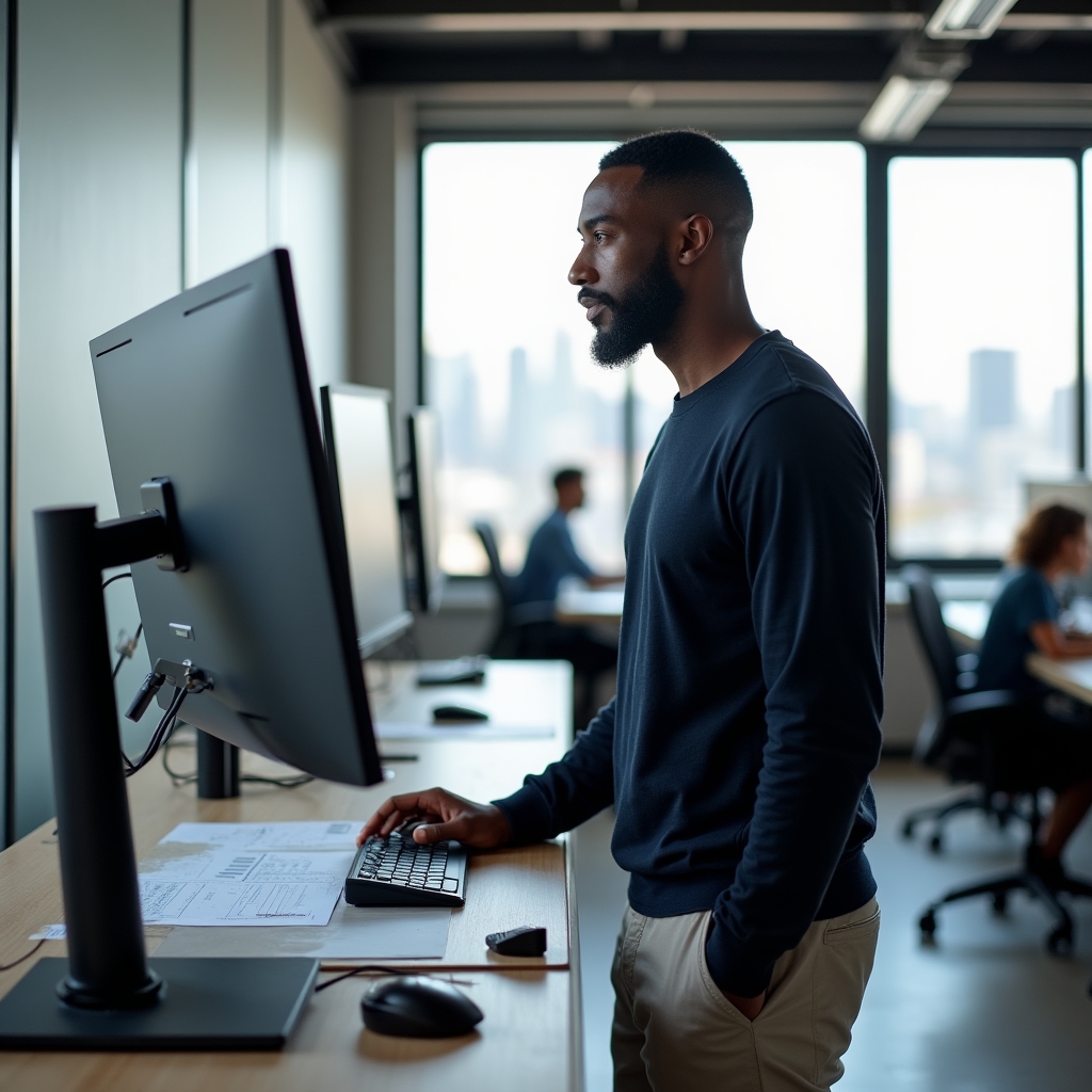 A product manager at a standing desk reviewing a requirements document on a large monitor in a modern office