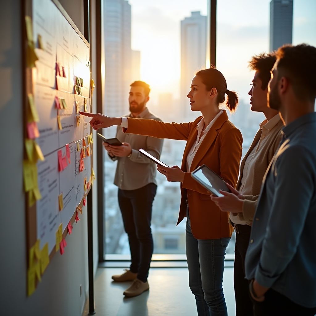 A product owner leading a standup meeting with a development team in front of a Kanban board in a bright modern office